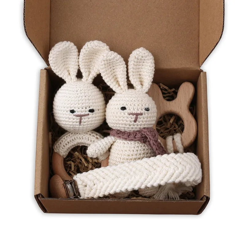 4pcs Handmade Crochet Baby Rabbit Stuffed Dolls Newborn Bunny Rattle Toy Wooden Teething Ring Pacifier Chain Clips